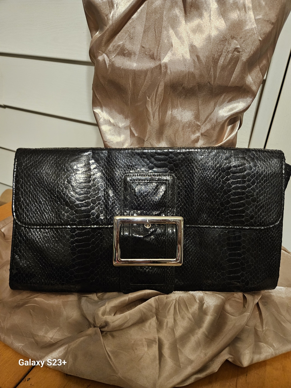 Black Textured Buckle Clutch - Women's Evening Bag